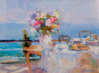 Звольская Инна «Завтрак на веранде» 60x80 см, 2009 г. Холст, масло. Окончила Крымское 