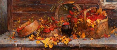 [Большой формат] Калинин Михаил &laquo;Натюрморт с рябиной&raquo; 55x125 см, 2013 г. Холст, масло. Художник 