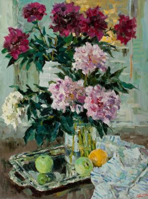 Малых Евгений &laquo;Пионы на серебряном подносе&raquo; 80х60 см, 2008 г. Холст, масло. Художник родился 23 