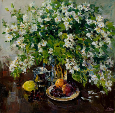 Малых Евгений &laquo;Букет жасмина&raquo; 80х80 см, 2008 г. Холст, масло. Художник родился 23 февраля 1956 