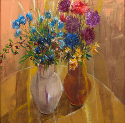Меркулов Валентин &laquo;Два букета, на даче&raquo; 90x90 см, 2011 г., Холст, масло