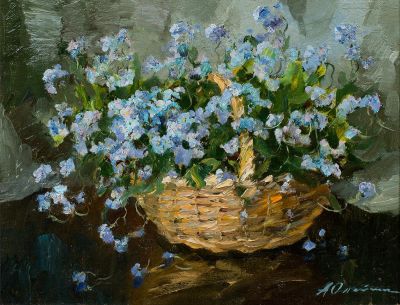 Олейник Аркадий &laquo;Натюрморт с фиалками&raquo; 39,7x50 см. Картон, масло
