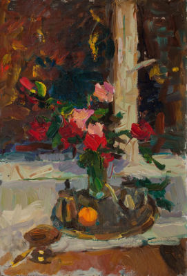 Перета Вячеслав &laquo;Розы на окне&raquo; 60х40 см. Картон, масло