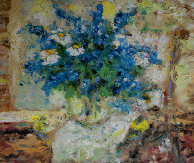 Плотников Георгий &laquo;Голубой букет в вазе&raquo; 59x70 см, 2010 г. Оргалит, масло