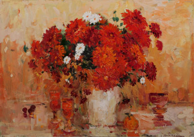 Русакова Татьяна &laquo;Красные цветы&raquo; 50х70 см, 2006 г. Холст, масло