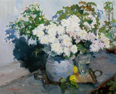 Третьякова Наталья &laquo;Кремовые хризантемы&raquo; 65x80 см, 2011 г. Холст, масло