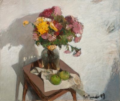 Шипилин Игорь &laquo;Хризантемы и яблоки&raquo; 72x86 см, 2008-2010 гг. Оргалит, масло