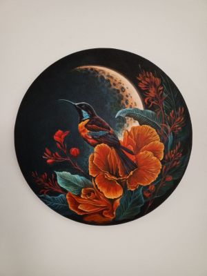 Юлия Ефремова. "Ночная пташка". 2024г., диаметр 50 см., холст, акрил. Юлия Ефремова художница с 