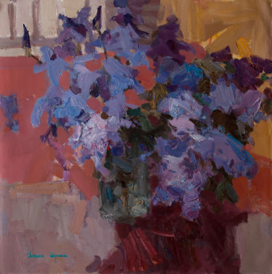 Шумов Павел «Ирисы и сирень» 69x69 см, 2010 г. Холст, масло
