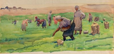 Пискарёва Анна Николаевна (1934-1988), 
На уборке картофеля. Этюд, 1950е, 25x58, бумага, акварель.