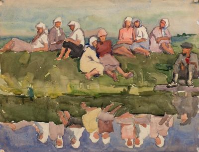 Пискарёва Анна Николаевна (1934-1988), 
Отдых на берегу. Этюд, 1950е, 44x60, бумага, акварель.
. 