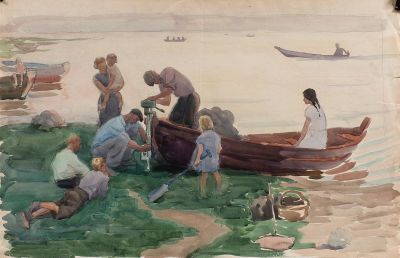 Пискарёва Анна Николаевна (1934-1988), 
Починка мотора. Этюд, 1950е, 38x65, бумага, акварель.
. 