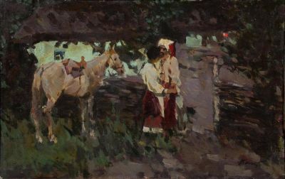 Башкевич Анатолий Андреевич (1937 г.р.) &laquo;Встреча&raquo; 32х52 см, 1994 г. Холст, масло. Оформлена в раму.