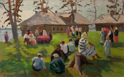 Богатырёв Михаил (1924-1999), Заслуженный художник РФ, &laquo;Перед собранием колхоза&raquo; 50x79 см, 1975 