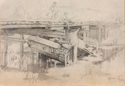 Годунов Александр Федорович (1912-2002) &laquo;Рыбалка. Мост&raquo; 19,5x28,5 см 1948 г. Бумага, карандаш.