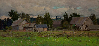 Голубев Яков Андреевич (1913-1973) &laquo;Деревня&raquo; 12,5x25 см. Картон, масло. Оформлена в раму.