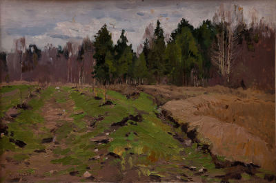 Голубев Яков Андреевич (1913-1973) &laquo;Перелесок&raquo; 35x50 см, 1967 г. Картон, масло. Оформлена в раму.