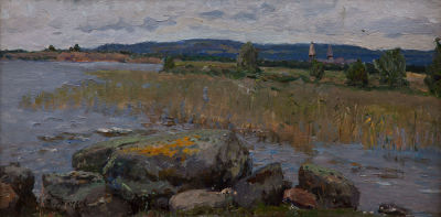 Голубев Яков Андреевич (1913-1973) &laquo;Яндом-озеро&raquo; 20,5x40 см, 1953 г. Картон, масло. Оформлена в 