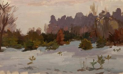 Горшков Николай Дорофеевич (1923-2009) &laquo;Зимний лес&raquo; 18х35 см. Картон, масло. Оформлена в раму. С 