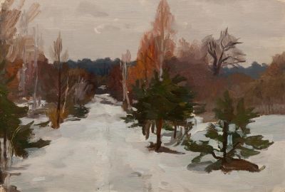 Горшков Николай Дорофеевич (1923-2009) &laquo;Дорога в лесу&raquo; 24,5х35 см. Картон, масло. Оформлена в раму.