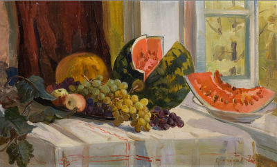 Гречуха Иван Онуфриевич (1930-2007) &laquo;Натюрморт с арбузом&raquo; 48х77 см, 1975 г. Картон, масло. 