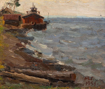 Гуменных Михаил Васильевич (1925-2016) &laquo;Море &laquo;Камское&raquo;&raquo; 19х22 см 1956 г. Оргалит, масло. 