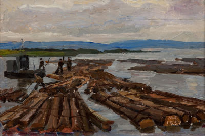 Гуменных Михаил Васильевич (1925-2016) «Плоты на Каме» 18х25 см, 1957 г. Картон, масло. Родился 