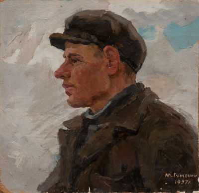 Гуменных Михаил Васильевич (1925-2016) «Сплавщик» 28х29 см, 1957 г. Картон, масло. Родился в д. 