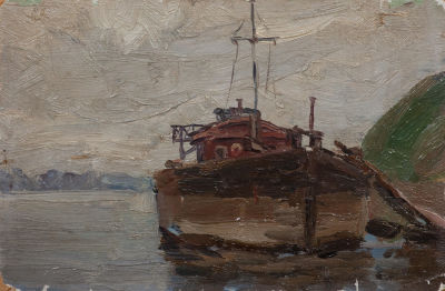 Гуменных Михаил Васильевич (1925-2016) «Речная баржа» 11,5х17,5 см, 1960 г. Картон, масло. Родил 