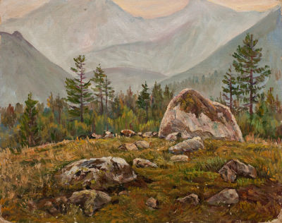 Гуменных Михаил Васильевич (1925-2016) «Урал приполярный» 39х50 см. Картон, масло. Родился в д. 