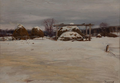 Дорохов Константин Гаврилович (1905-1960) «Стога сена» 25х35 см, 1949 г. Картон, масло. Советски 