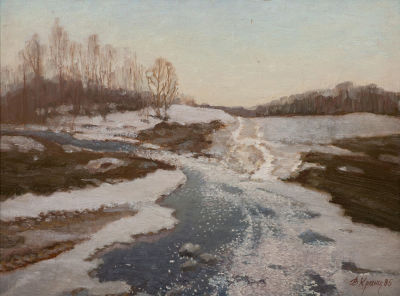 Кранц Владимир Петрович (1913-2003) «Пейзаж. Март» 30х40 см, 1985 г. Картон, масло.