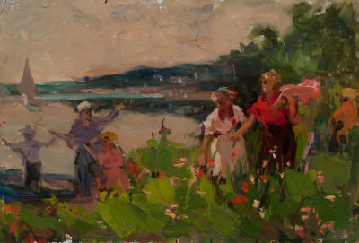 Нестеров Иван Наумович (1922-2003) &laquo;Летом на озере&raquo; 33х49 см, 1957 г. Картон, масло