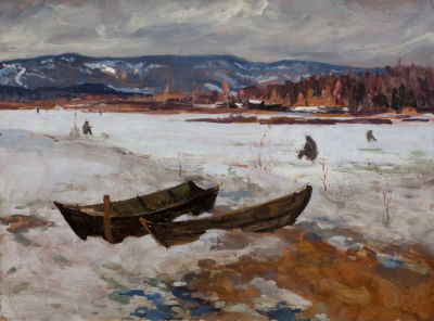 Нестеров Иван Наумович (1922-2003), &laquo;Пейзаж с рыбаками&raquo; 60х80 см, 1987 г. Картон, масло.