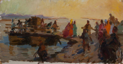 Никитин Н.Н. (1925 г.р.) &laquo;Переправа&raquo; 25x43 см, 1950-е гг. Картон, масло.