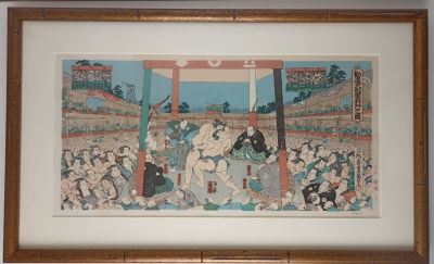 Старинная гравюра мастера Утагава Кунисада из серии &laquo;Соревнования борцов сумо&raquo;. Уникальная 