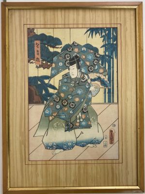 Старинная японская гравюра в технике woodblock print. Иероглифическая подпись. Под паспарту 