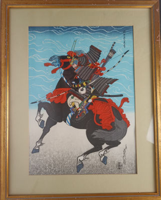 Старинная гравюра &laquo;Воин&raquo; Хасэгава Саданобу I (1809-1879) из диптиха. 19 век. Работа музейного 