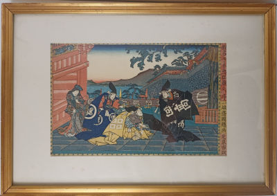 Старинная японская гравюра &laquo;Актёры театра Кабуки&raquo; мастера Утагавы Кунитэру (1808—1876) позднего 