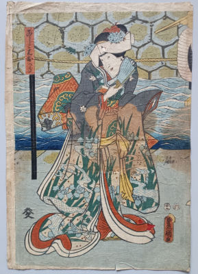 Старинная гравюра &laquo;Нарядная гейша&raquo;. Автор: Тоёкуни III Кунисада (1786-1864). Размер: 37x24 см. 