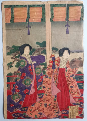 Оригинальная старинная гравюра &laquo;Подруги в саду&raquo;. Период Мэйдзи (1868-1912). Размер: 37х24 см. 