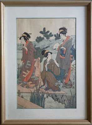 Японская гравюра &laquo;Три гейши&raquo;. Предположительно XIX в. Стекло, рама. Размер в раме: 50x37см.