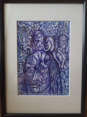 Ларев Владимир "Дали и Гала" 20х14 см (изображение), 32х23 см (рама). Бумага, чернила