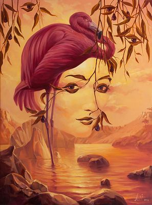 Восканян Артуш. Розовый фламинго, 2012г., 90х70см., холст, масло. Картина с двойным видением. ВО 