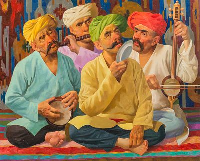 Умаров Бахтиёр. "Музыканты", 	2016г., 	80x100см., 	холст, масло. Заслуженный художник Европы 