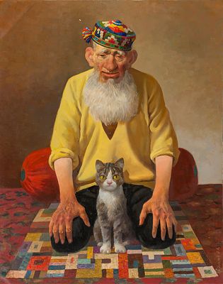 [Большой формат] Умаров Бахтияр. Старик с кошкой, 2016г., 100х80см., холст, масло. Заслуженный 