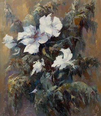 [Большой формат] Козяр Юрий и Козяр Валентина «Белые цветы», 100х80 см, 2008 г. Холст, масло.