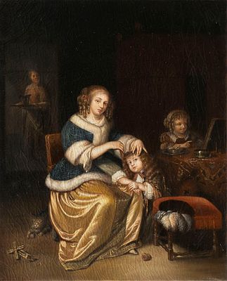 Netscher, Caspar. Нетшер, Каспар. Интерьер с матерью, расчесывающей ребенка. 