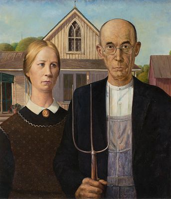 Wood, Grant. &laquo;American Gothic&raquo;. 
Вуд, Грант Деволсон. &laquo;Американская готика&raquo;, 1930г. Холст 
