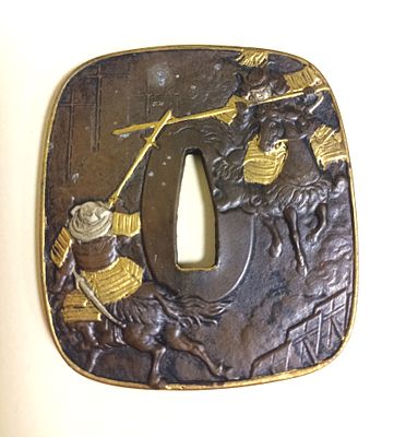 Редкая красивая бронзовая биметаллическая цуба. Размер 7.5 x 6.5 см.